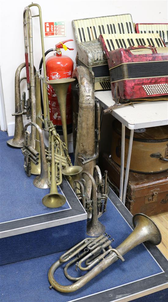 Ten assorted brass instruments